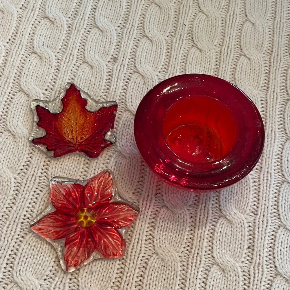 Red Glass Votive/tea light Candle Holder and Pressed glass poinsettia/leaf